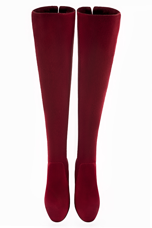 Burgundy red women's leather thigh-high boots. Round toe. High block heels. Made to measure. Top view - Florence KOOIJMAN